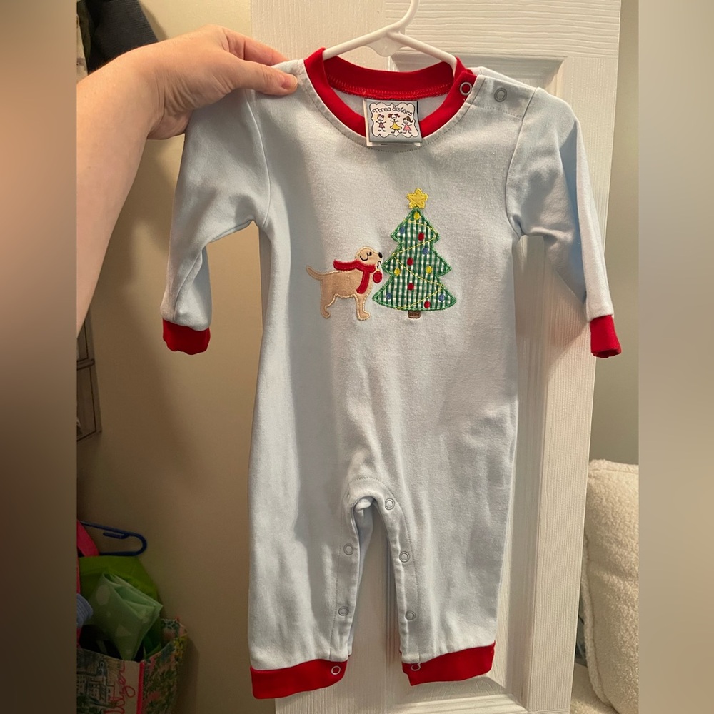 Holiday Puppy & Tree One-Piece Pajamas - Light Blue